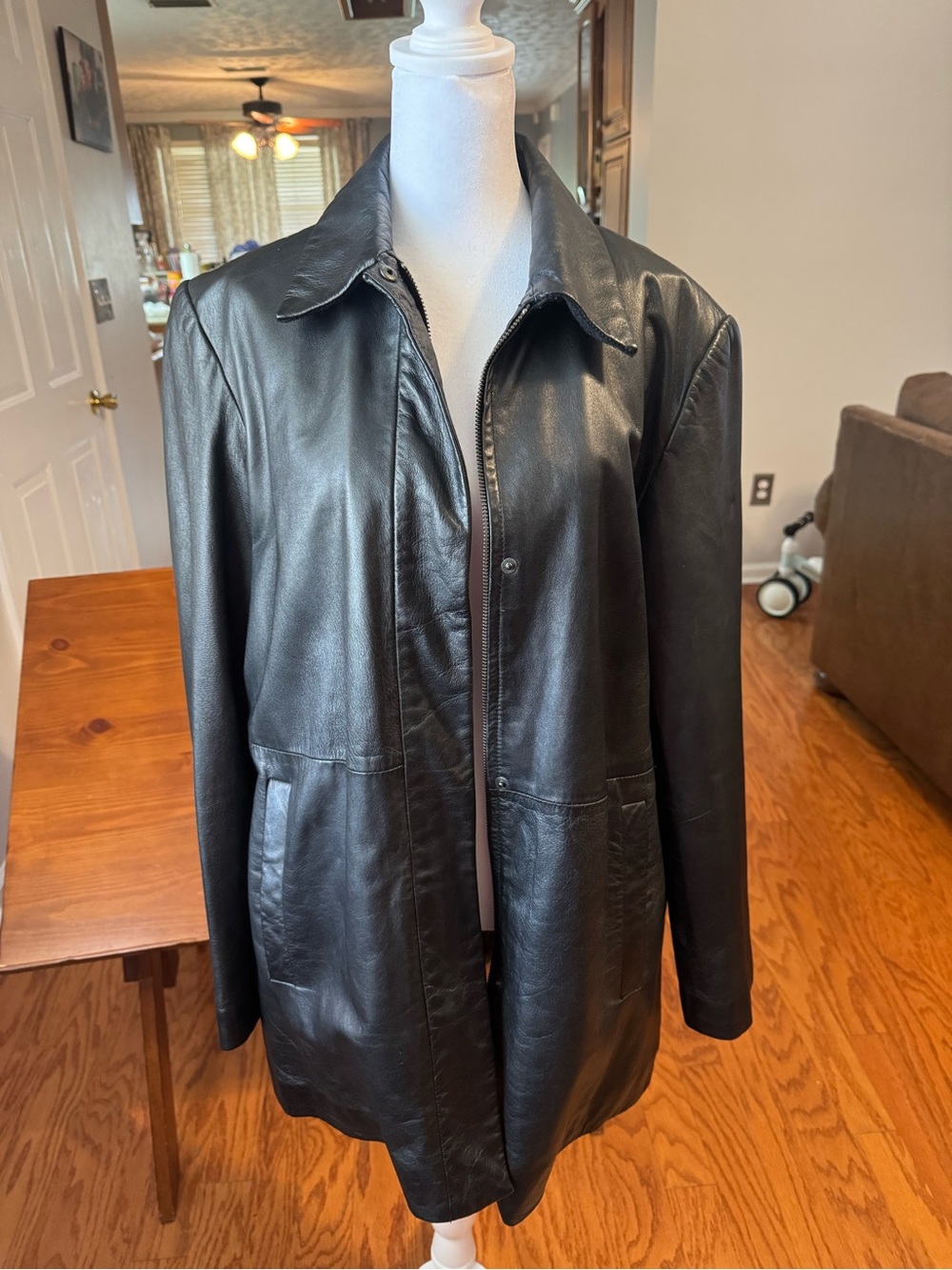 Ladies Gap Classic Black Leather Jacket - Women's Quilted Lined Coat large - Picture 5 of 8